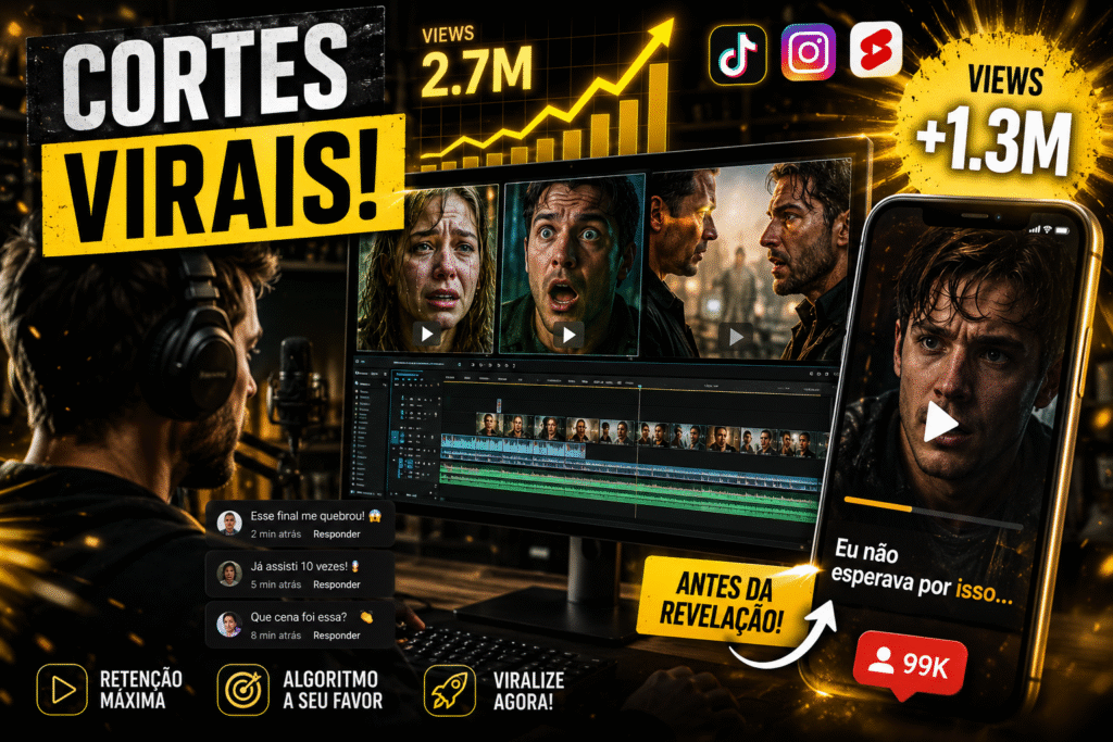 Thumbnail cinematográfica sobre criação de canal de cortes de filmes e séries para YouTube Shorts, TikTok e Instagram Reels com foco em viralização e crescimento orgânico.
