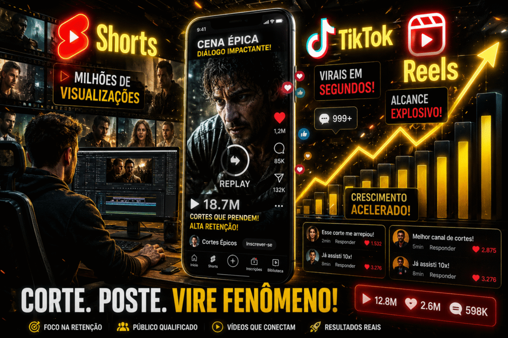 Thumbnail cinematográfica mostrando YouTube Shorts, TikTok e Instagram Reels como melhores plataformas para viralizar cortes de filmes e séries com estratégia de retenção e crescimento orgânico.