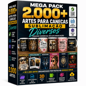 Tudo pronto para imprimir e estampar! Leve mais de 2.000 arquivos para canecas em CorelDRAW editável, PNG em alta resolução, efeito 3D, fotos Polaroid e gabaritos oficiais. De R$ 29,90 por apenas R$ 10,00 para os 10 primeiros compradores! 🔥📦