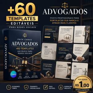 Eleve o nível do seu marketing jurídico com +60 artes no Canva criadas especialmente para advogados e escritórios de advocacia. Ideal para manter suas redes sociais ativas, profissionais e elegantes de forma rápida. Uma excelente oportunidade para conhecer a qualidade dos materiais da Pack 10 Reais investindo apenas R$ 1,00.